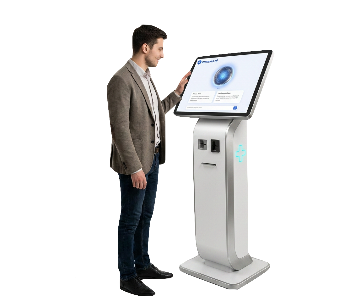 Пациент у терминала голосового AI-ассистента